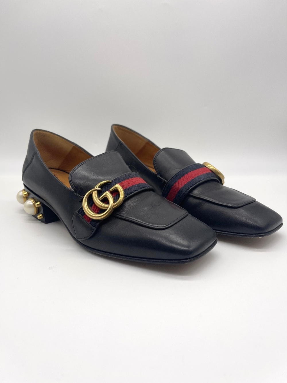 Gucci Peyton Leather Mid-Heel Loafers Pearl GG Marmont Web Black 36.5 423559